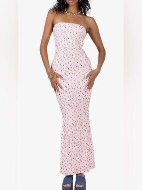 SHEIN Pink Strapless Floral Column Maxi Dress